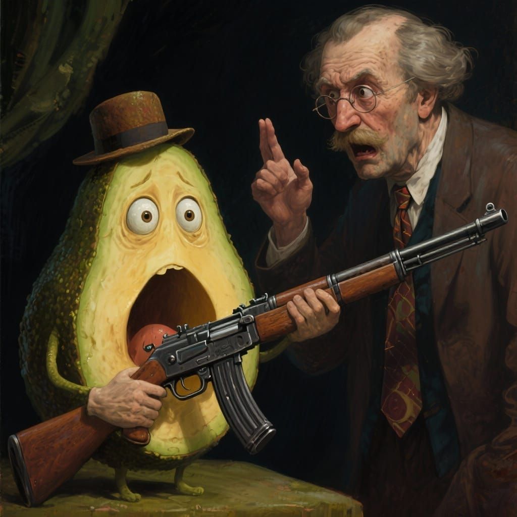 Terrified Avocado Scolded by Professor with Rifle
