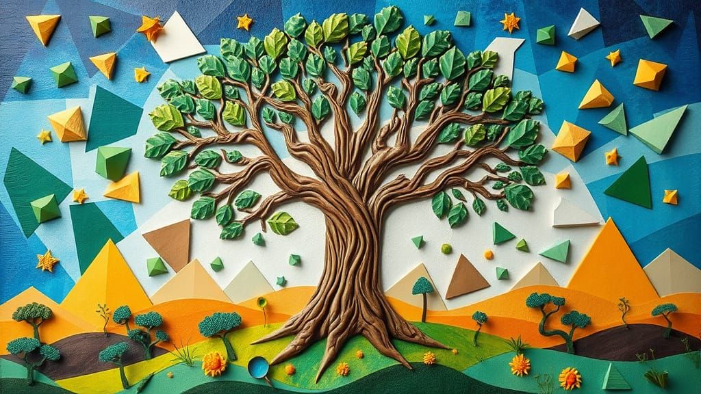 Whimsical Cubist Oak Tree in Vibrant Naive Art Style