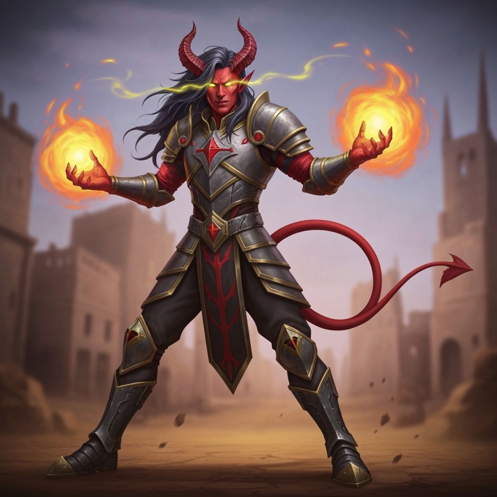 Red Tiefling Cleric Casting Fireball in Dark Fantasy Style