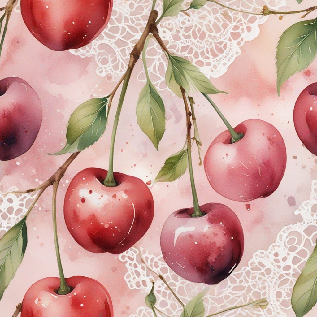 Watercolor Cherries on Lace: Macro Photography