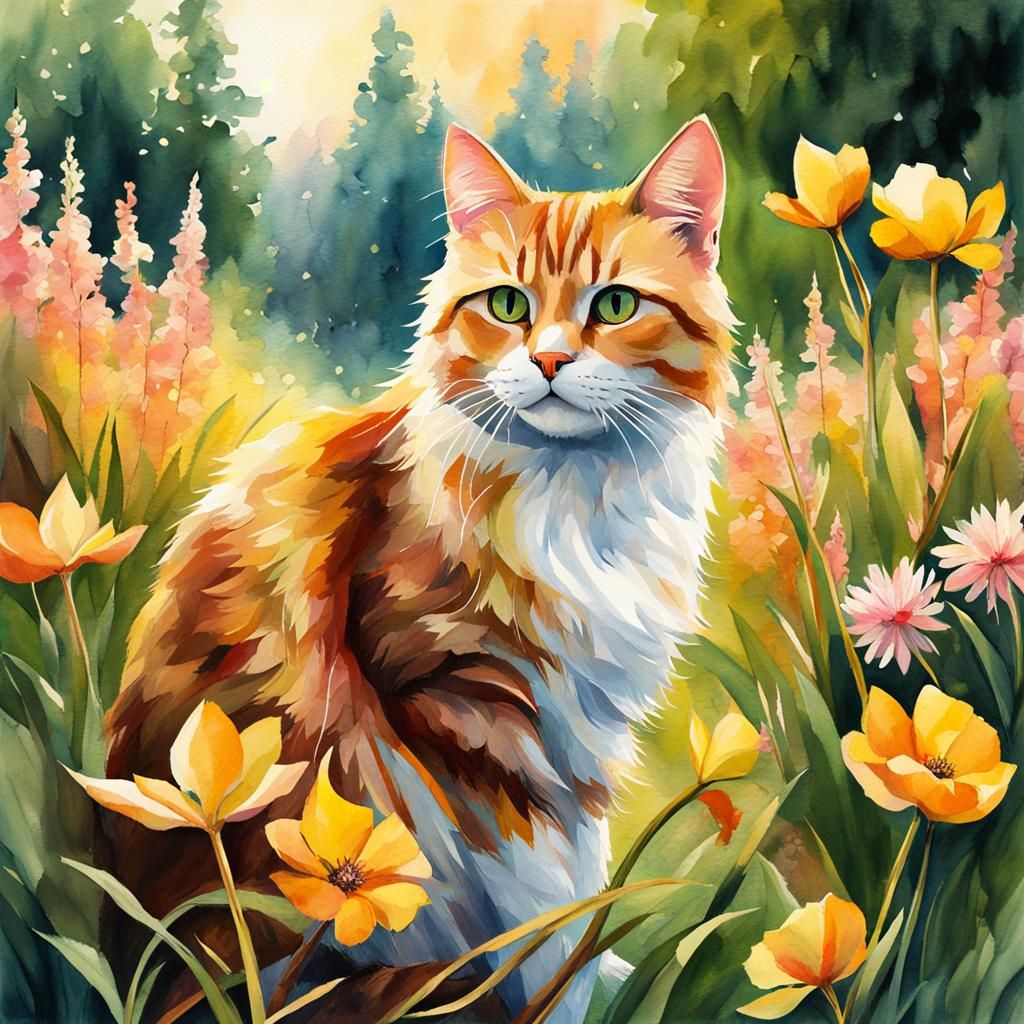 Detailed Cat in Spring Landscape Watercolor