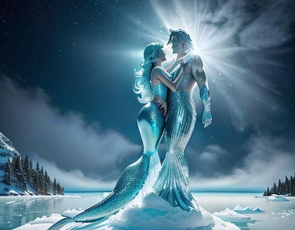 Icy Mermaid and Merman Sculpture on Frozen Lake