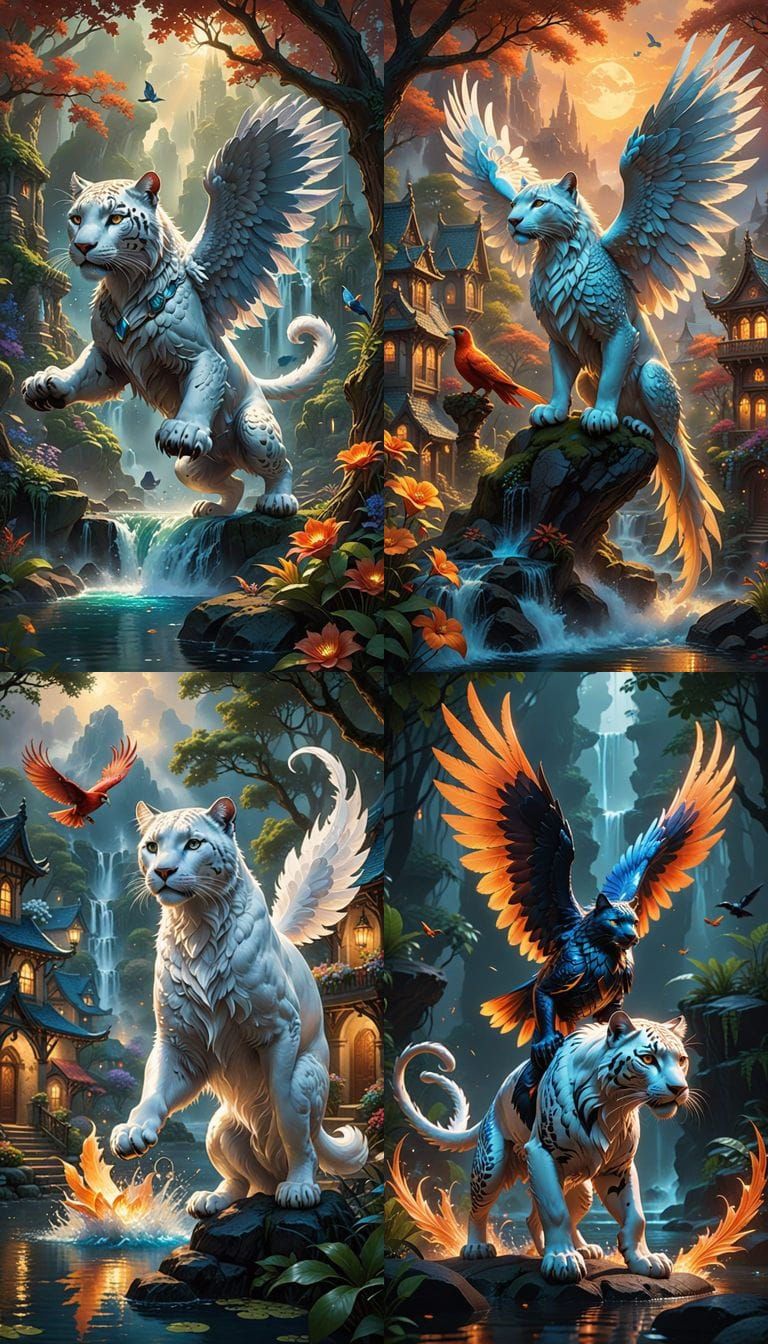 Ethereal Spirits: Fiery Bird & Water Panther in Fantasy Art