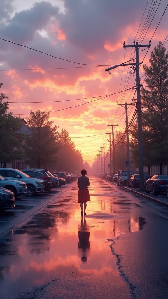 Serene Street Scene at Dusk with Reflections