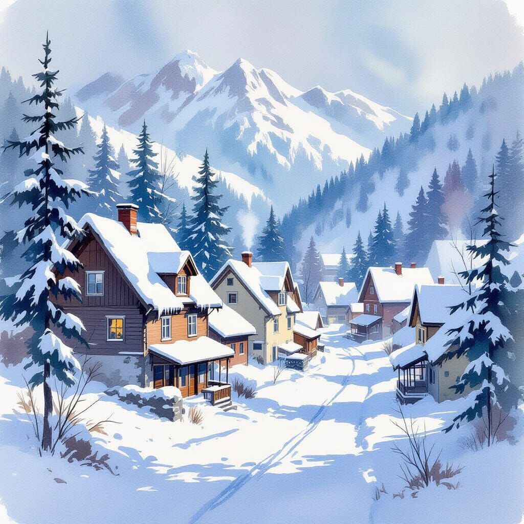 Snowy Mountain Village Watercolor Painting