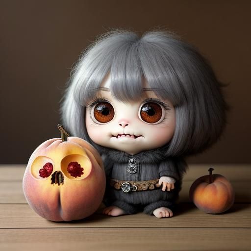 Cute Fuzzy Creature Eats Peach in Surreal Supermarket