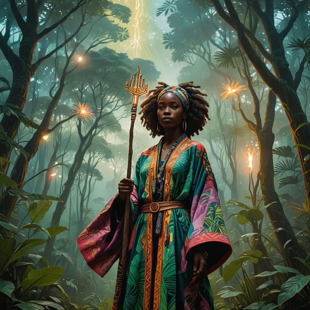 African Woman with Glowing Staff in Afrofuturist Jungle