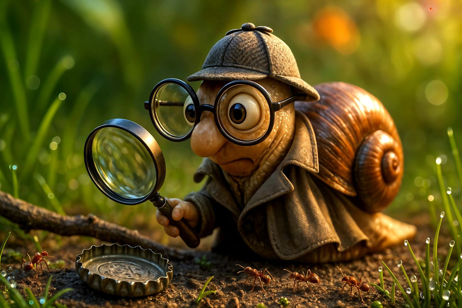 Snail Detective Investigates Bottle Cap in Garden