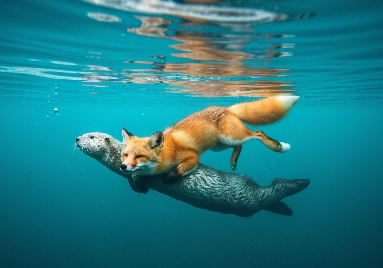 Fox and Sea Otter Swimming Together Underwater