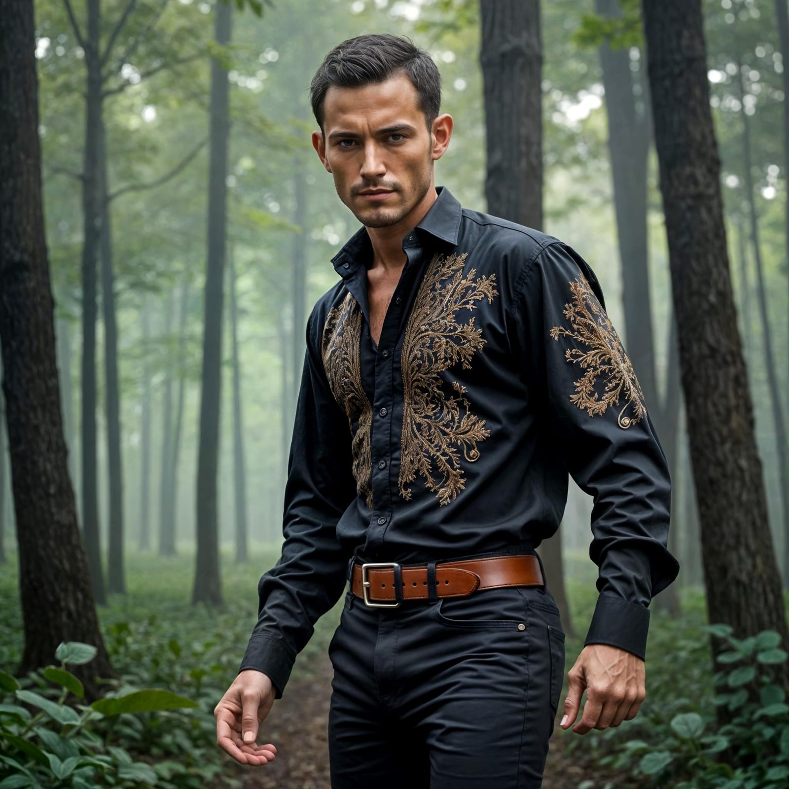 A Dashing Young Man in Dark Attire Embarks on a Forest Quest