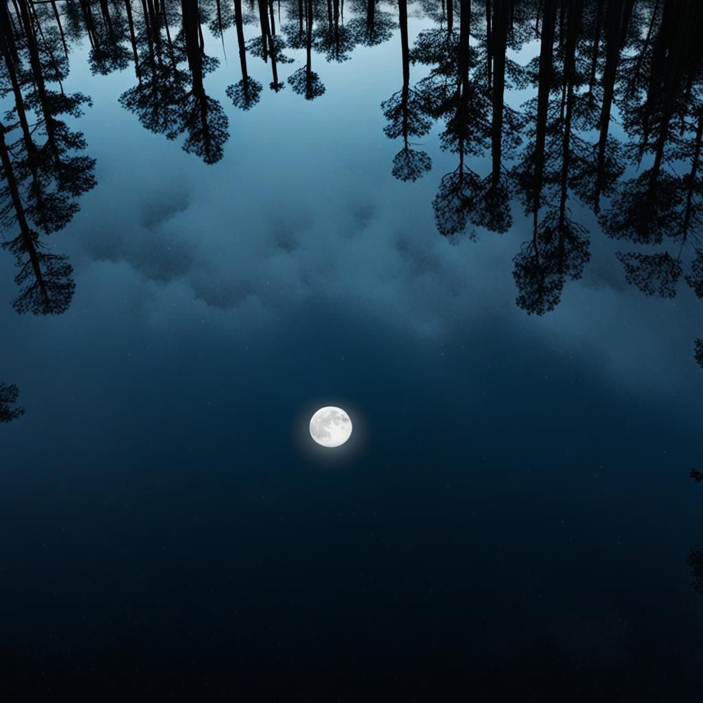 Lake Reflecting Forest and Moon at Night