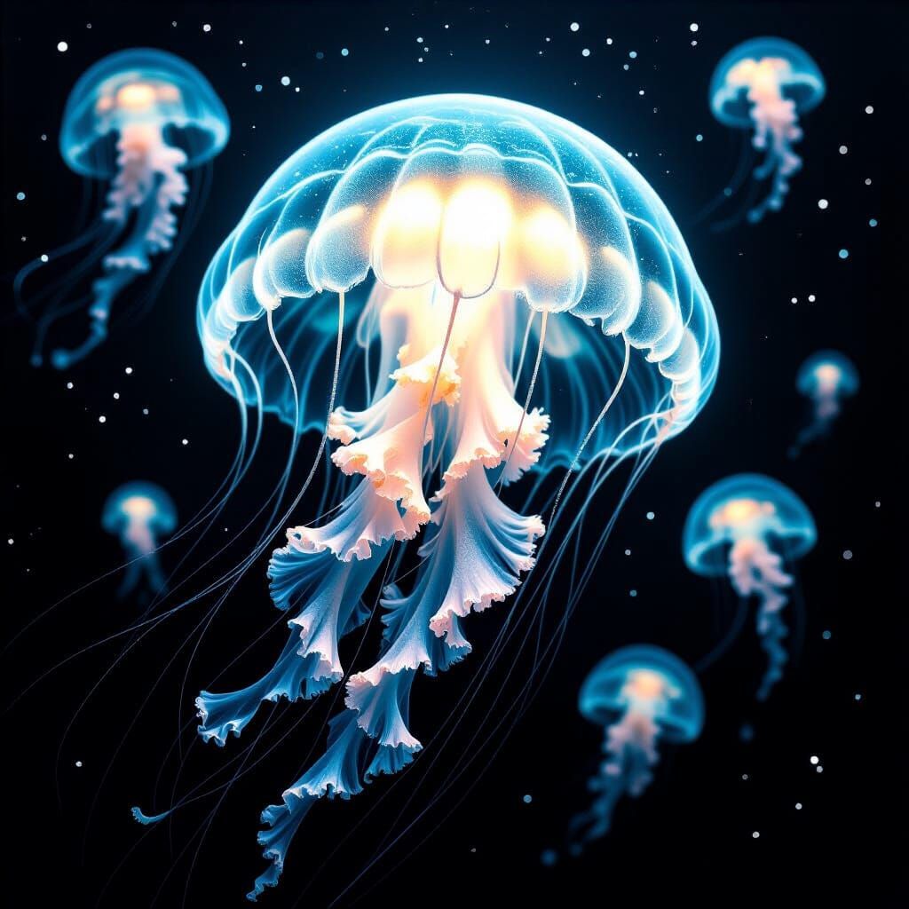 Bioluminescent Jellyfish Drifting Through Space in Baroque S...