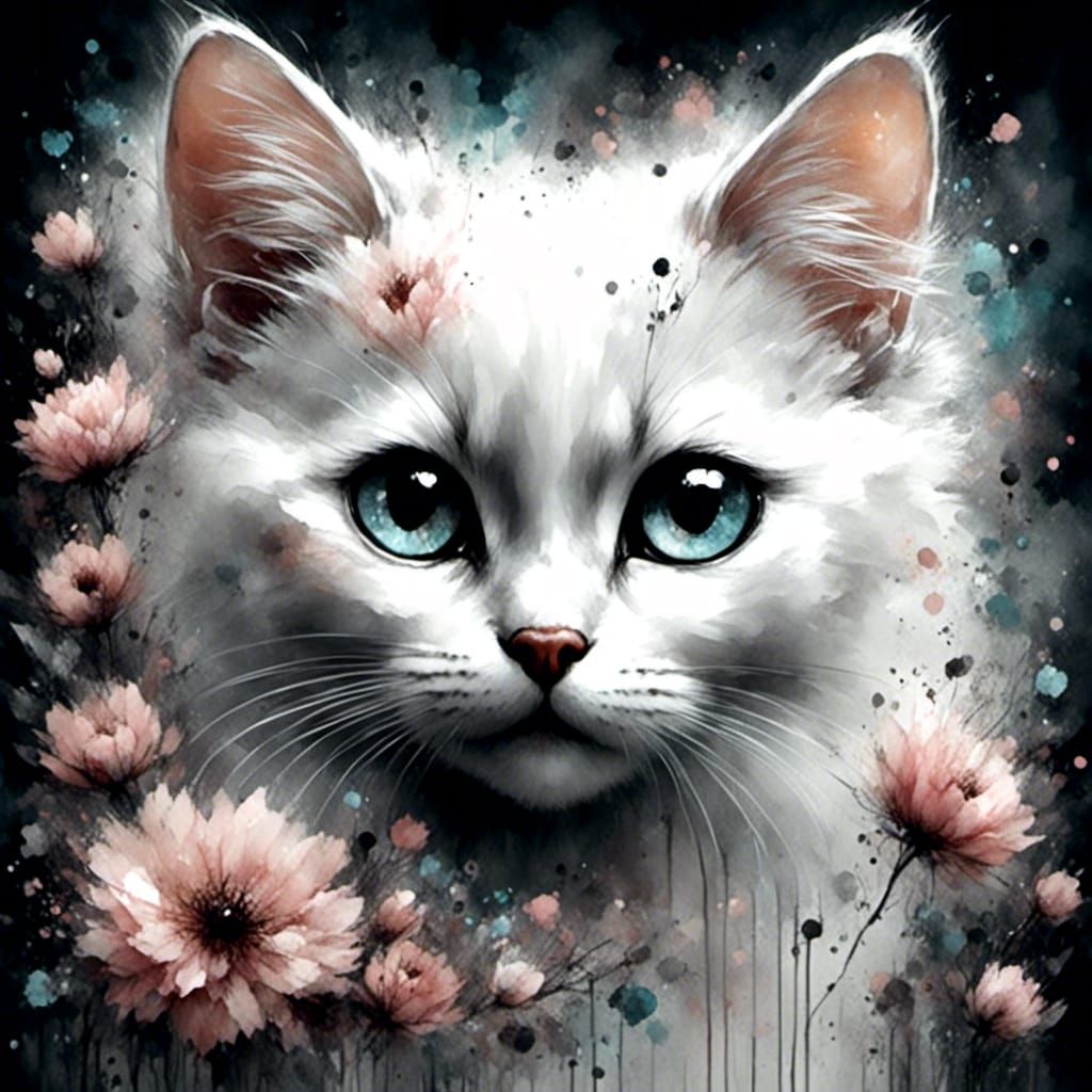 White Cat Portrait with Large Eyes in Charcoal and Ink