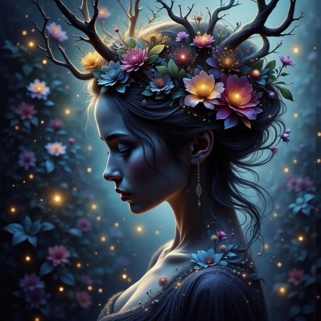 Crowned Fae Queen in Twilight Forest Double Exposure