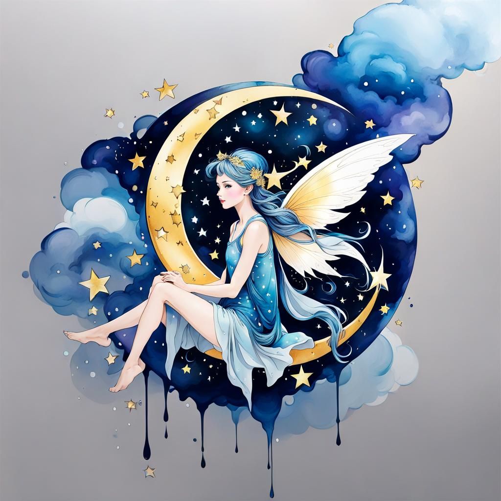 Watercolor Fairy on Crescent Moon