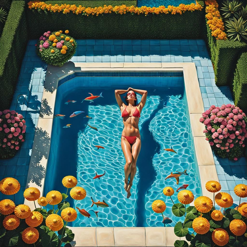 Bikini Woman Swimming in Pool, Hyperrealistic Style