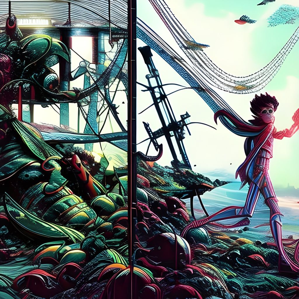 Puppy Machine on Stormy Sea: Sci-Fi Mixed Media