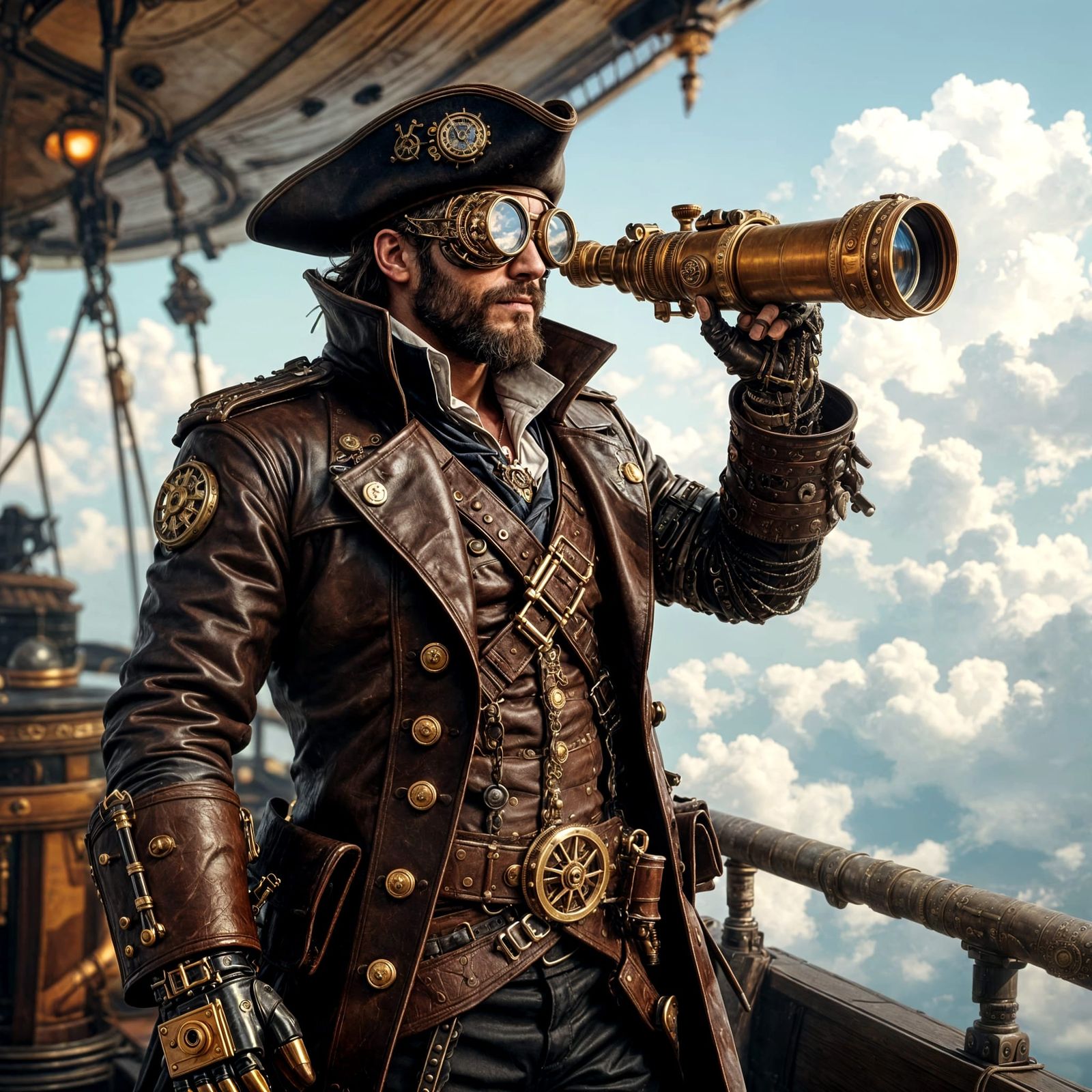 Steampunk Pirate Captain on Airship Deck
