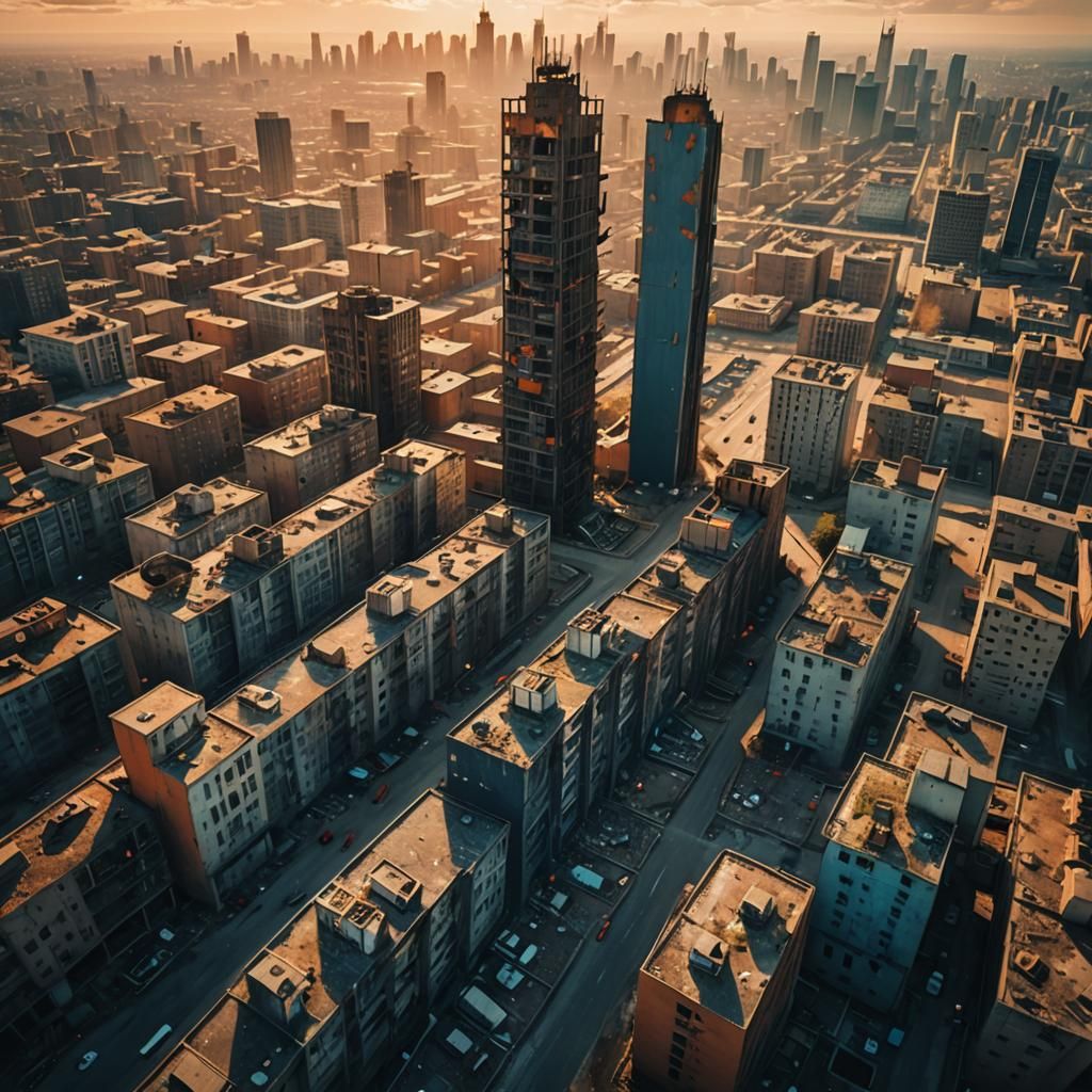 Post-Apocalyptic Cityscape in Golden Hour Light