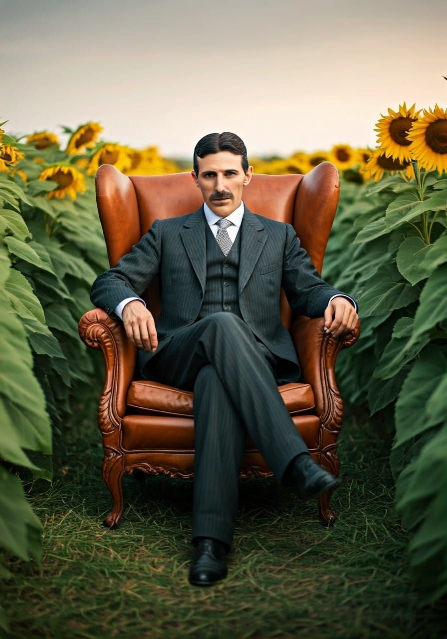 Nikola Tesla in a Serene Sunflower Field