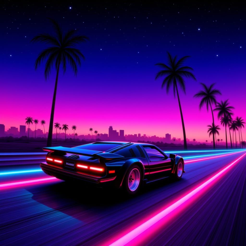 1980s Neon Highway Drive in Retro-Futuristic Style