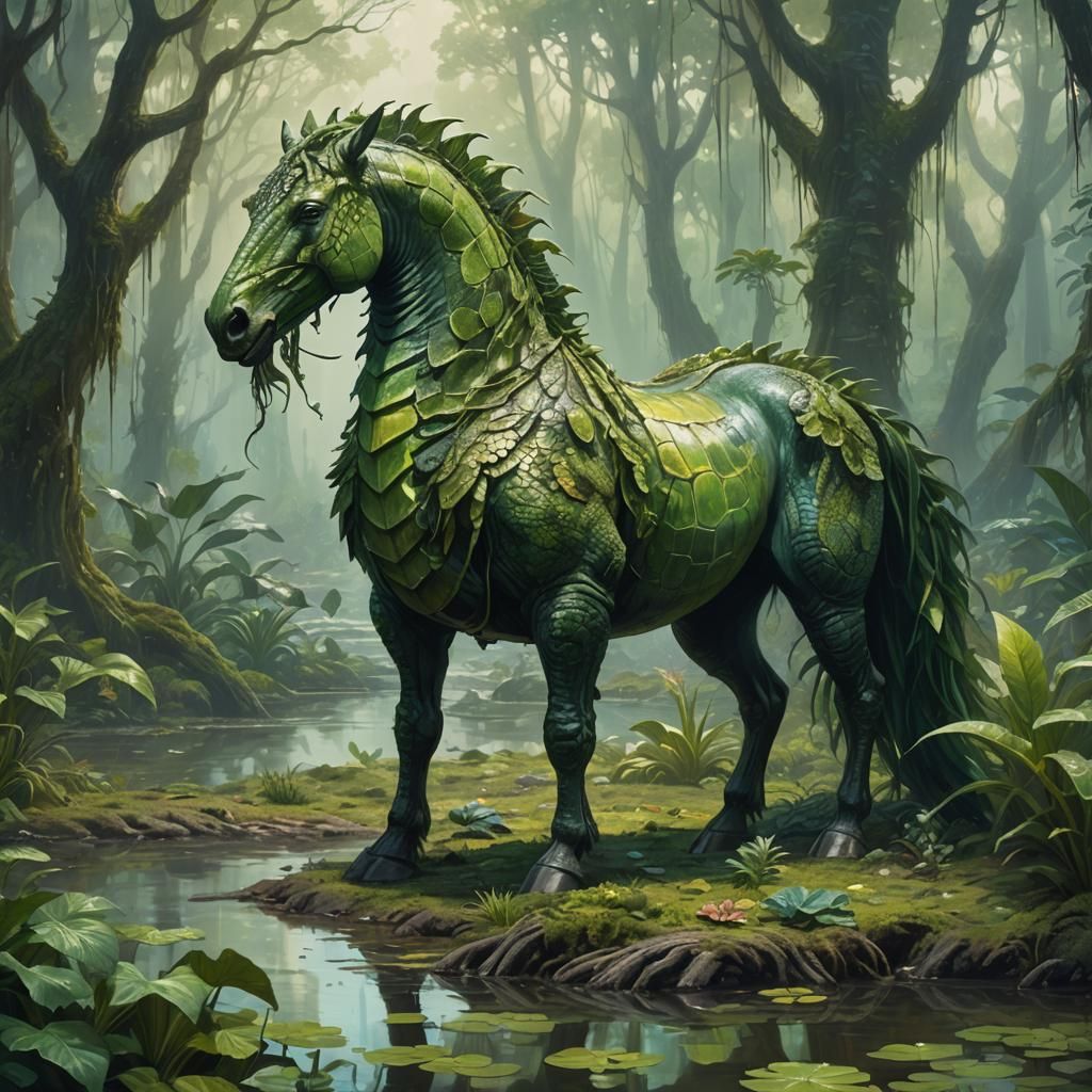 Magical Scaled Horse in Ancient Forest, Oil Painting