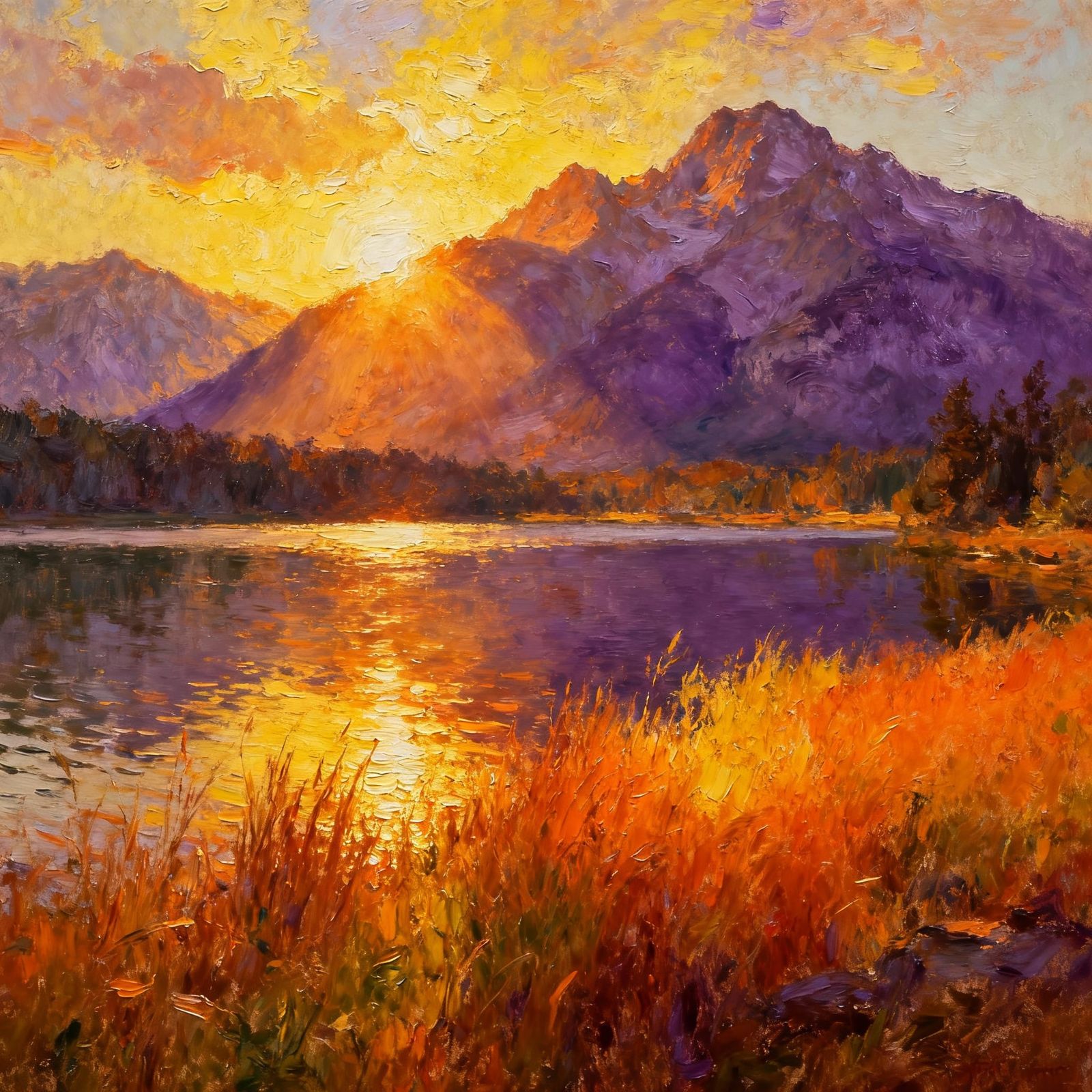 Golden Hour Lake Landscape Painting in Impressionistic Style