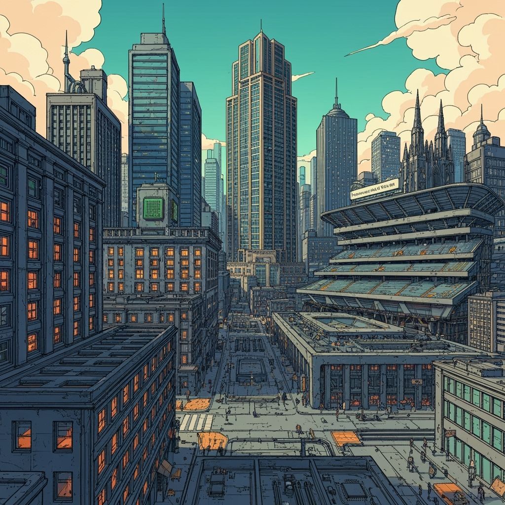 Motherboard Cityscape in Illustrated Fantasy Art Style