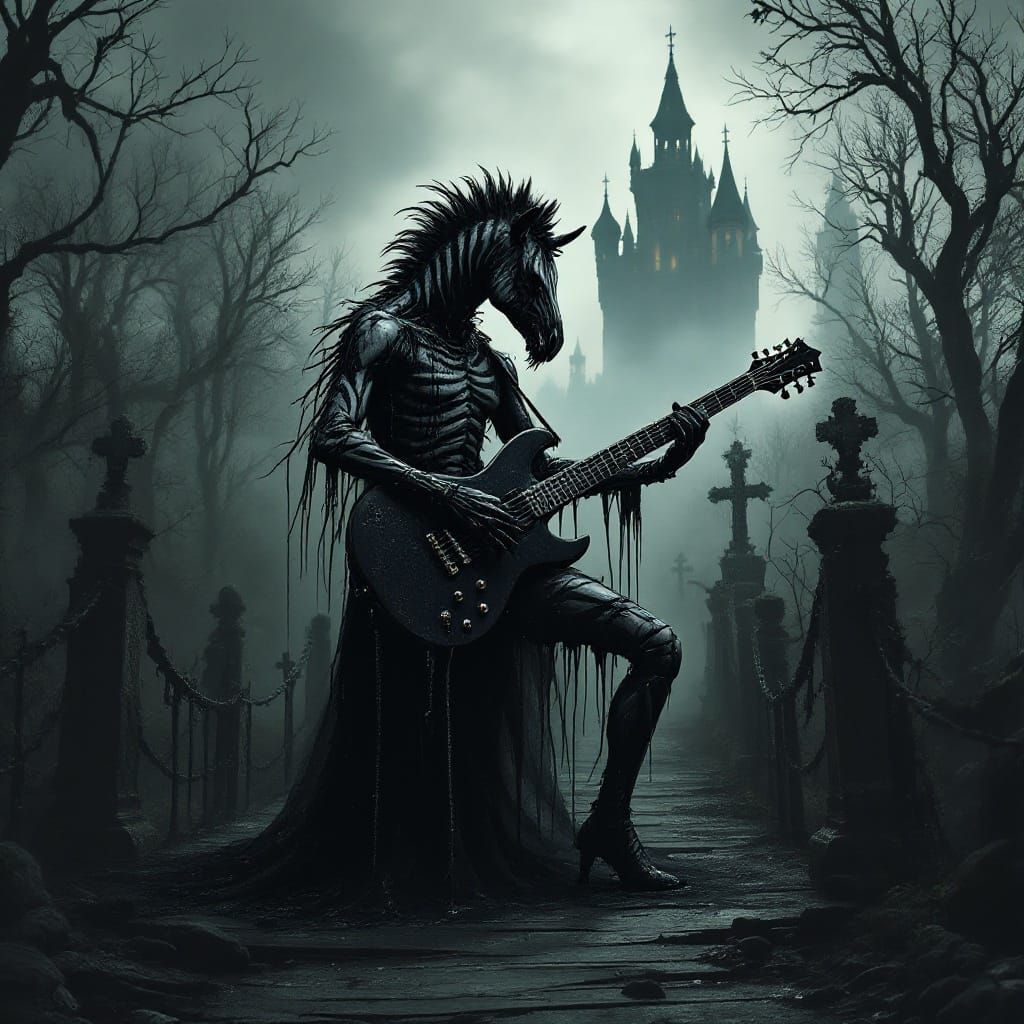 Undead Zebra Plays Guitar in Gothic Cityscape