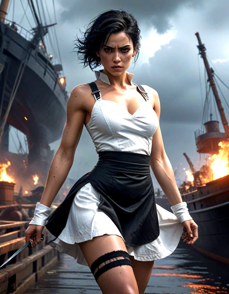 Elegant Maid in Stormy Shipyard