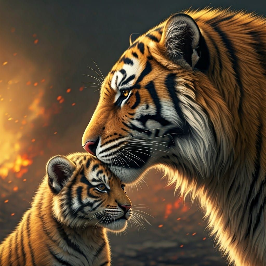 Sabre-Tooth Tigers Tender Moment in Burning Forest
