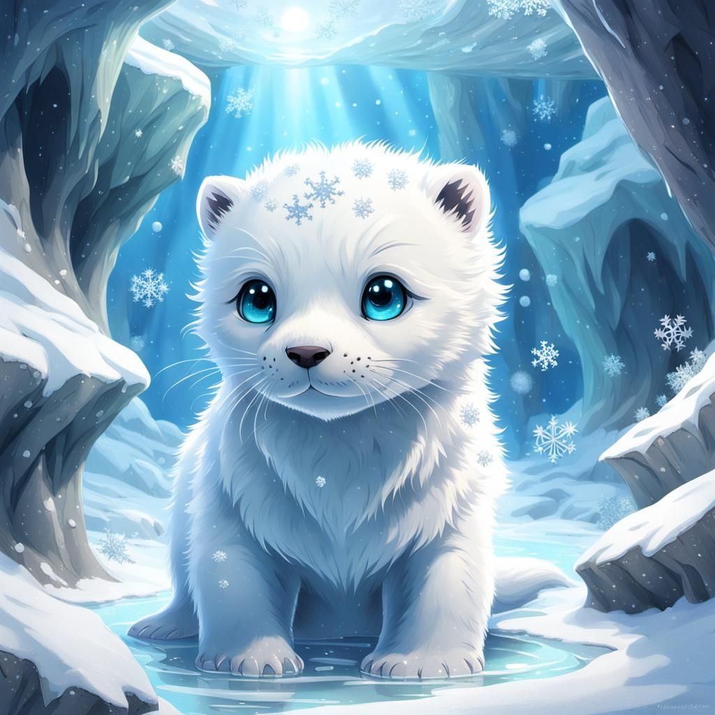 Anime Seal Cub in Icy Cave, 3D Render
