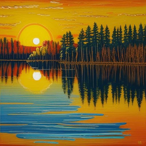 Impasto Oil Painting of a Sun Rising Over a Serene Lake