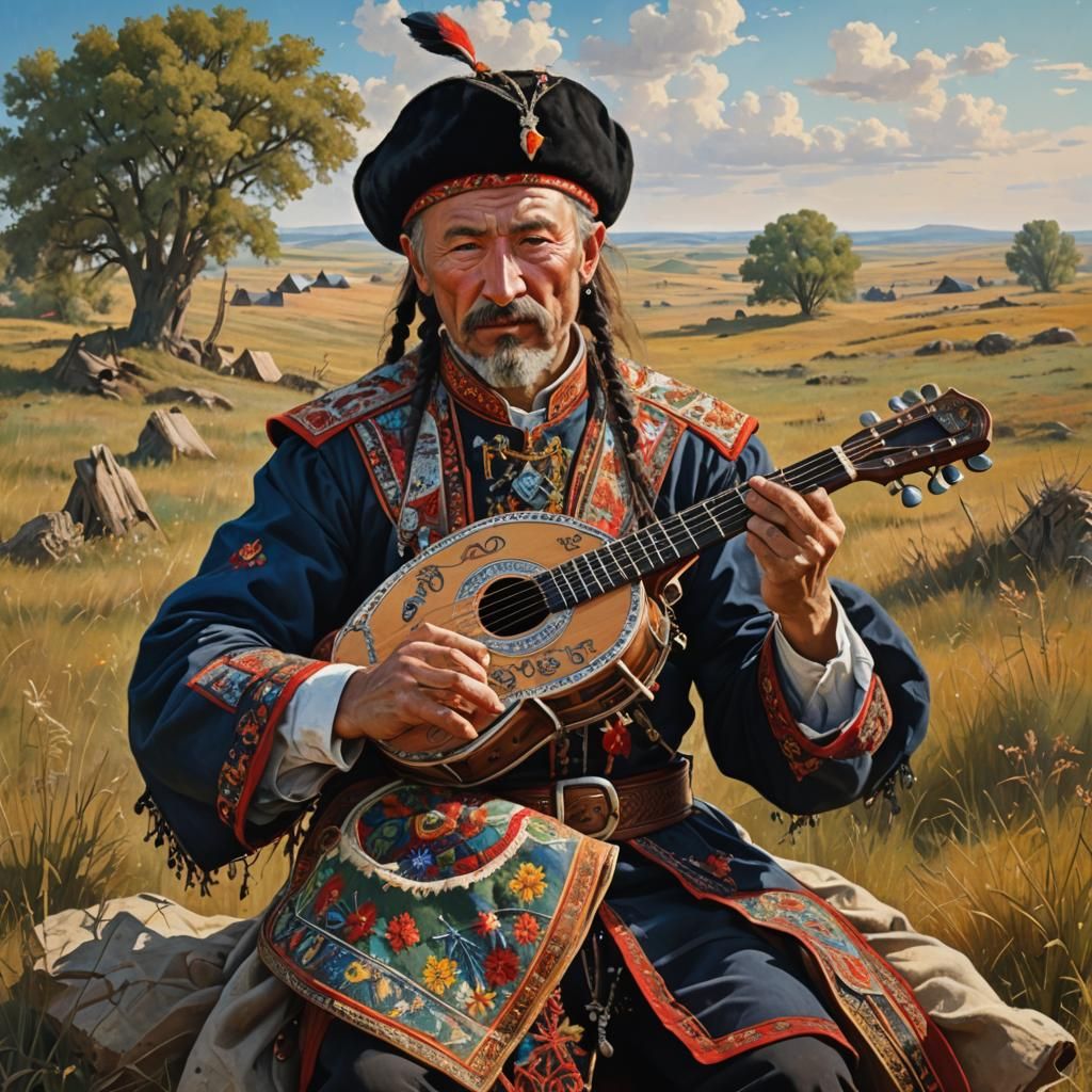 Ukrainian Cossack Hetman Plays Bandura in Steppe Landscape