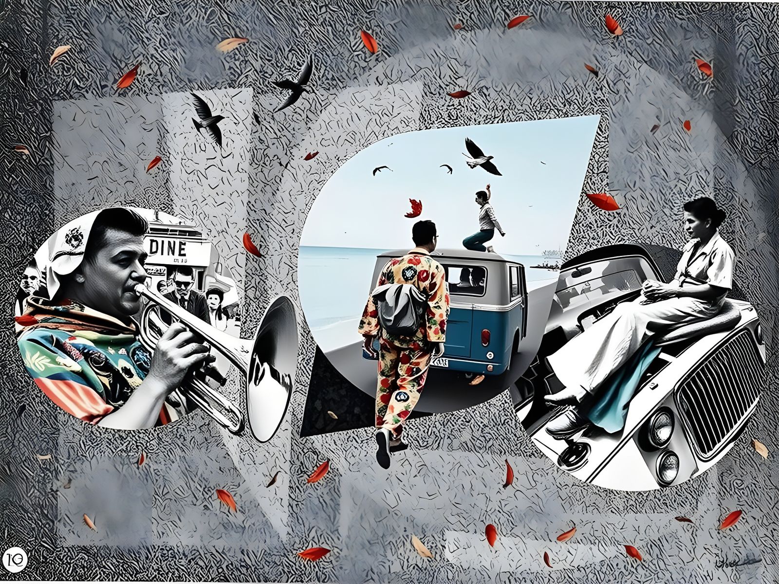 Retro-Futuristic Autumn Beach Scene in Oil and Alcohol Wash