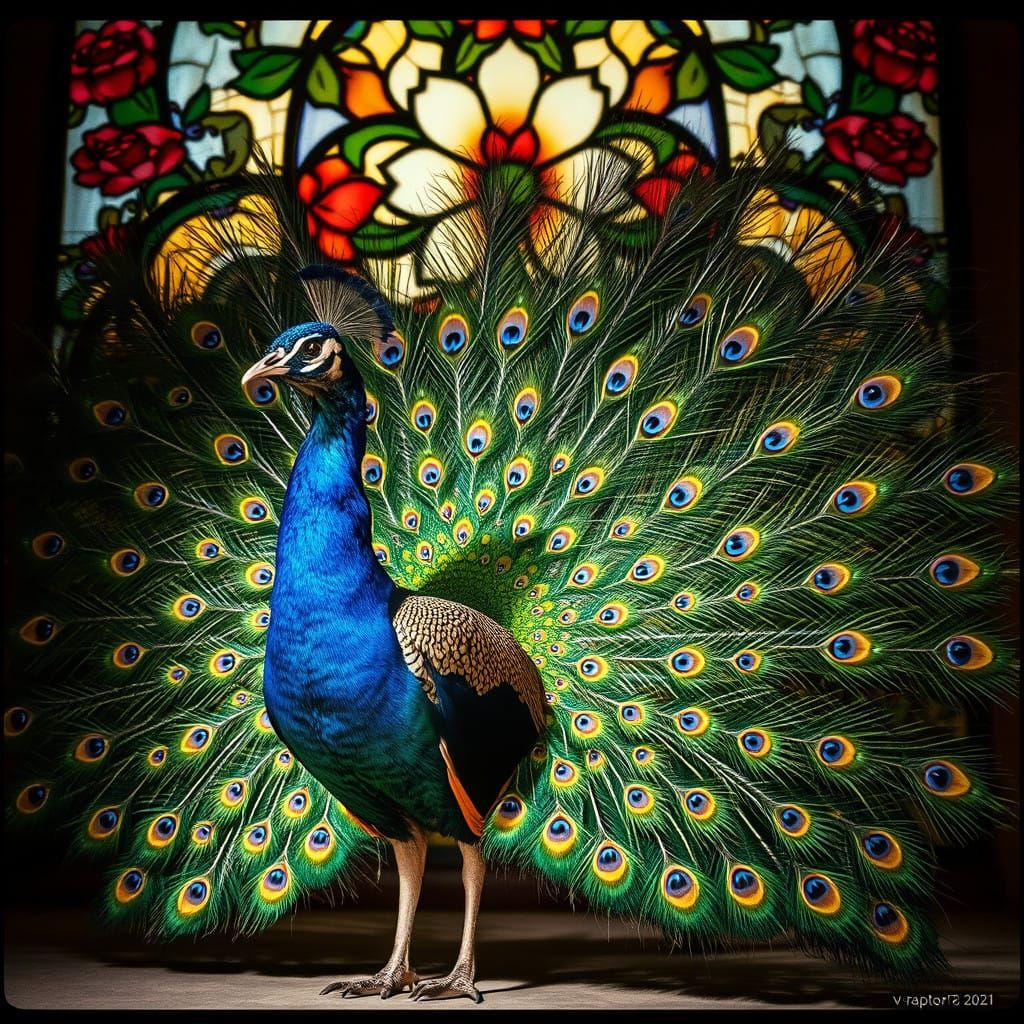 Regal Peacock Amidst Vibrant Stained Glass