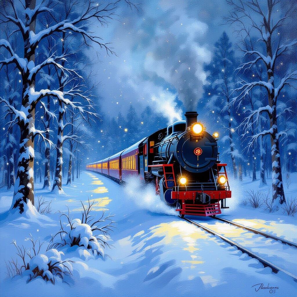 New Year's Train in Snowy Forest Impasto Painting