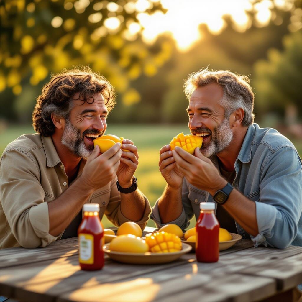 Two Men Enjoy Ripe Mangoes at Picnic Table