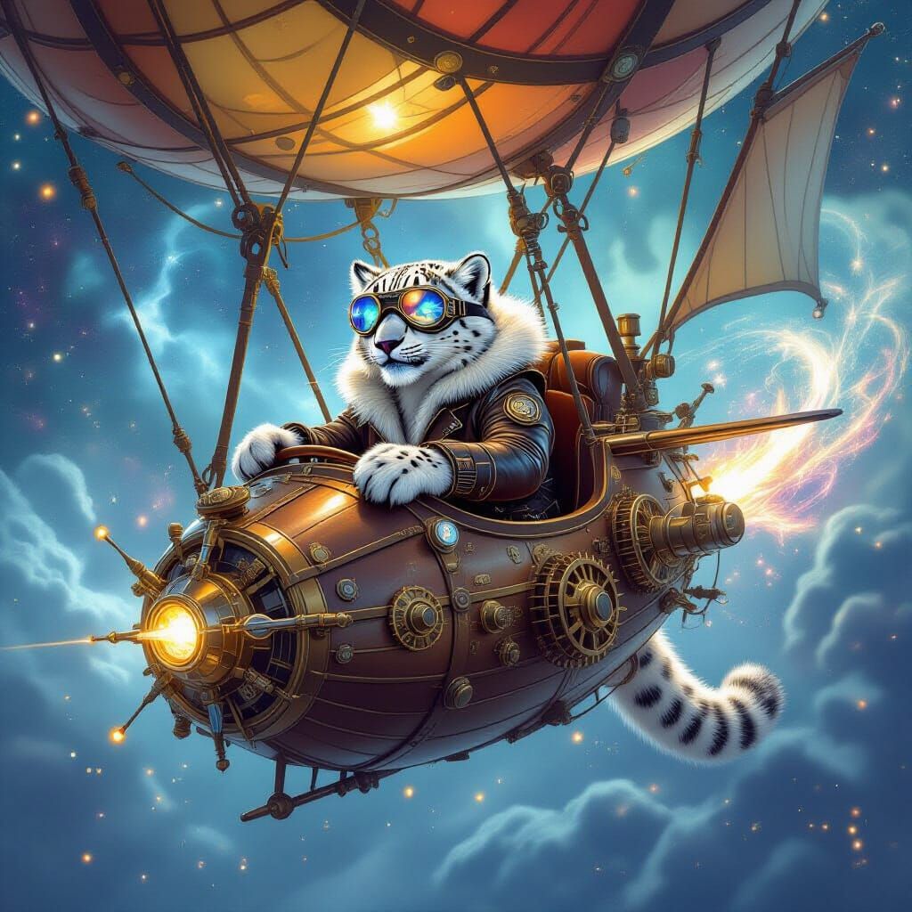 Snow Leopard Steampunk Airship in Nebula