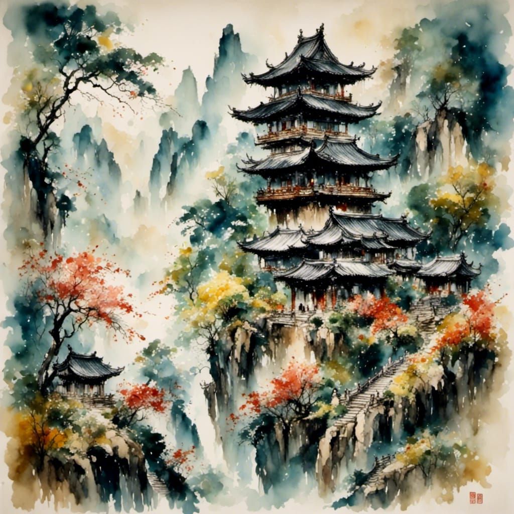 Dreamy Asian Landscape with Waterfalls