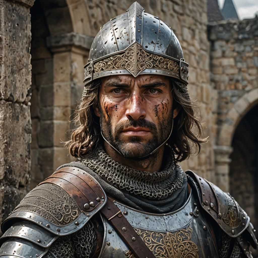 Weathered Knight Portrait with Sword and Chainmail