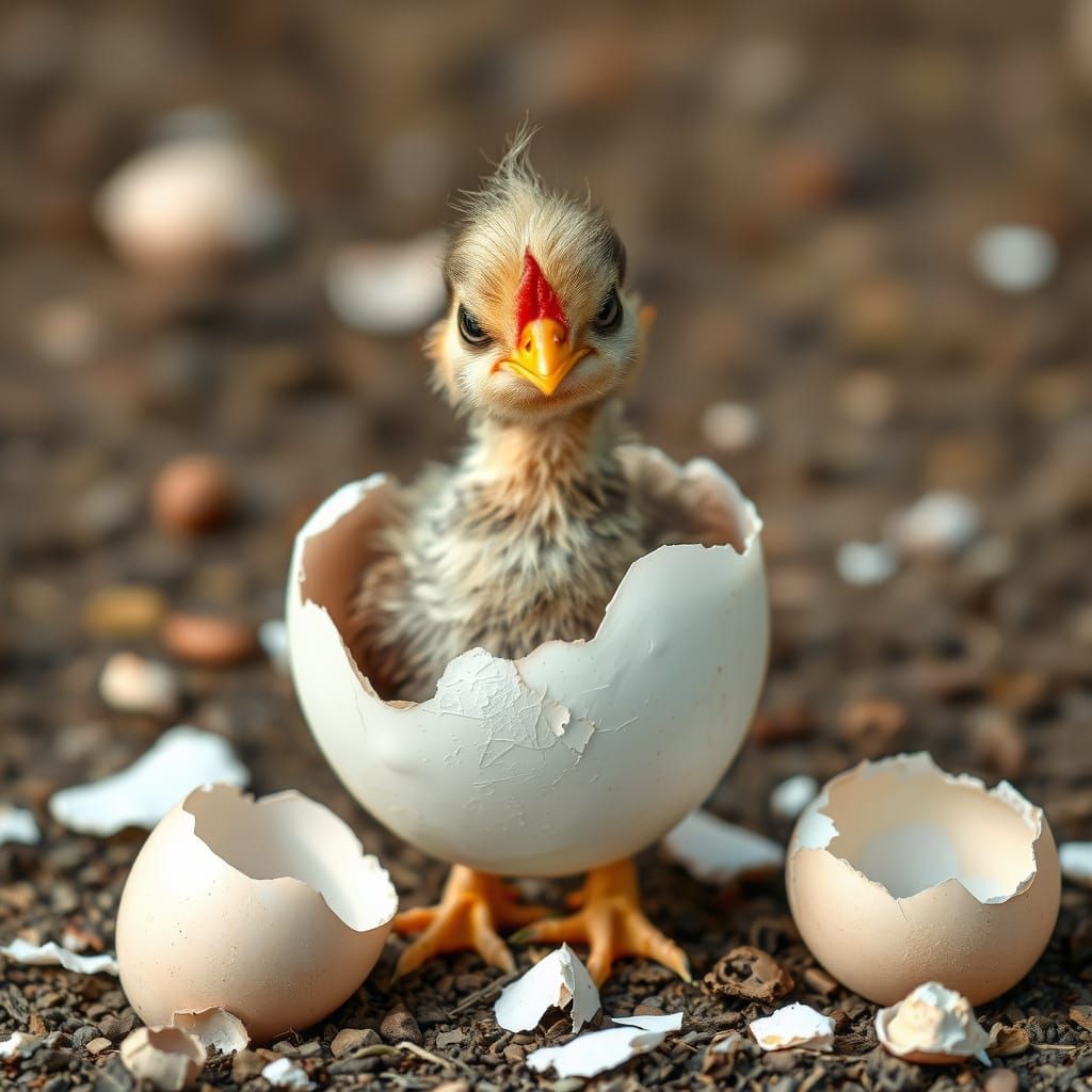Grumpy Chick Half Hatched in Shattered Shell