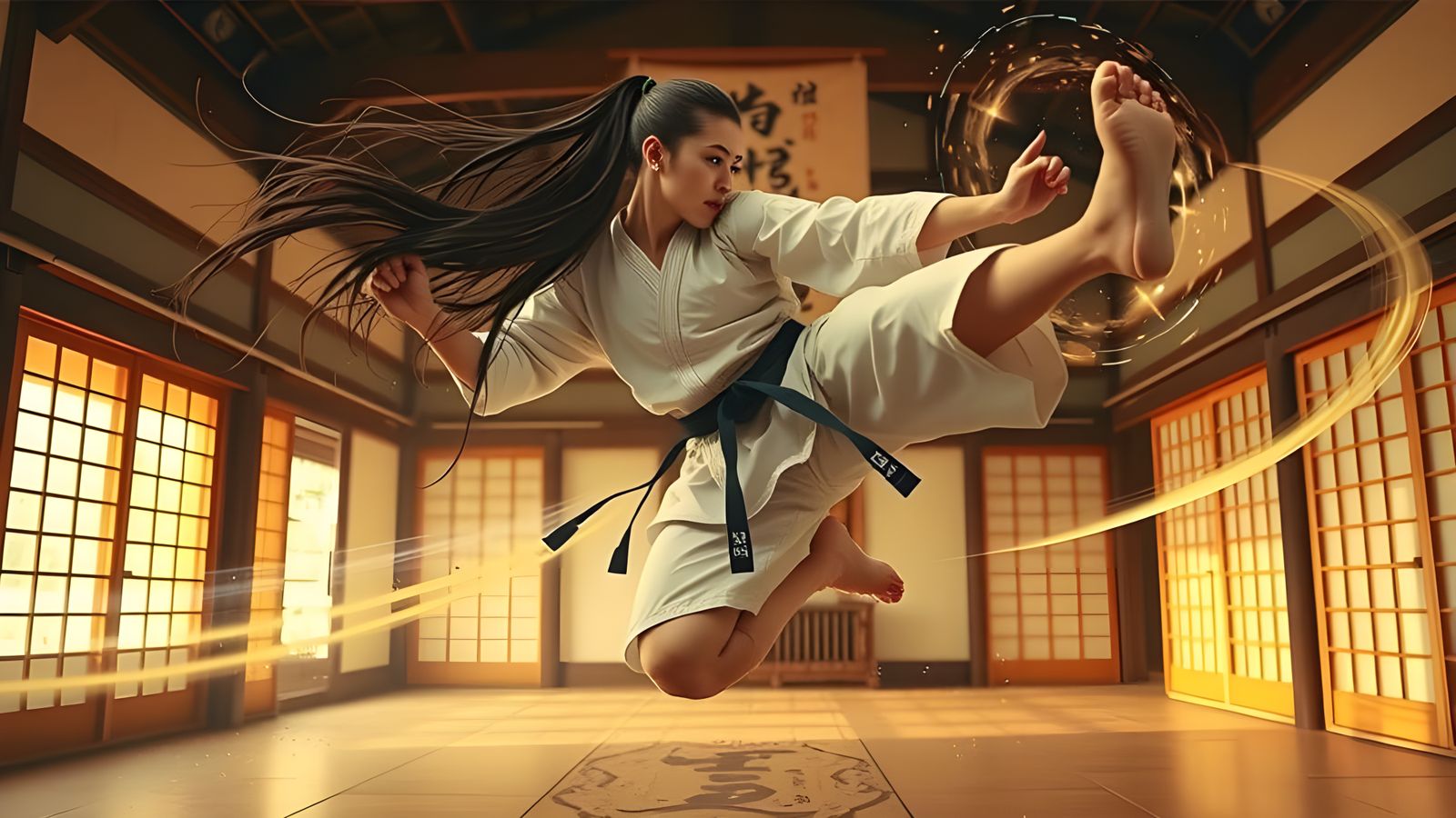 A powerful female martial artist in a white gi and black belt, captured mid-air in a flying kick, flowing long hair, int...