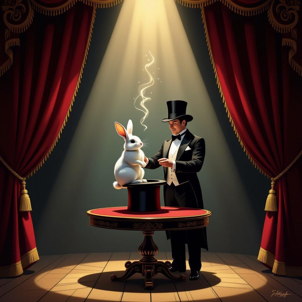 Magician Conjures Rabbit From Hat in Ornate Theatre Room