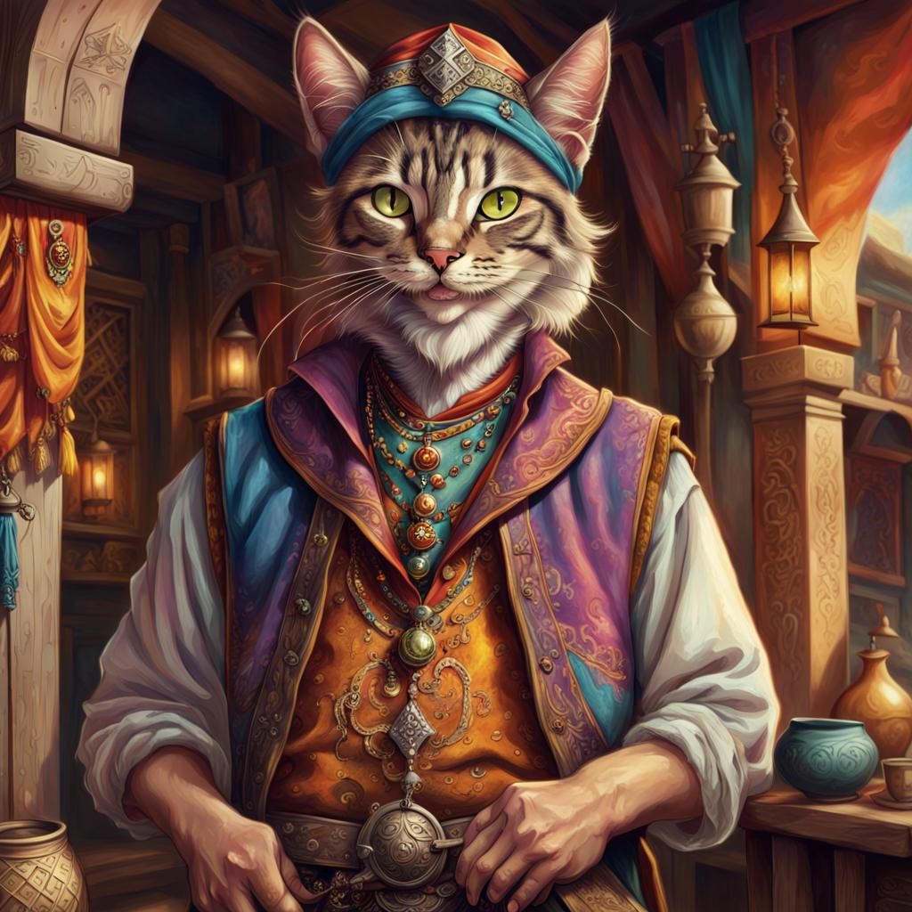 Cat-Human Merchant in Dungeons and Dragons Style