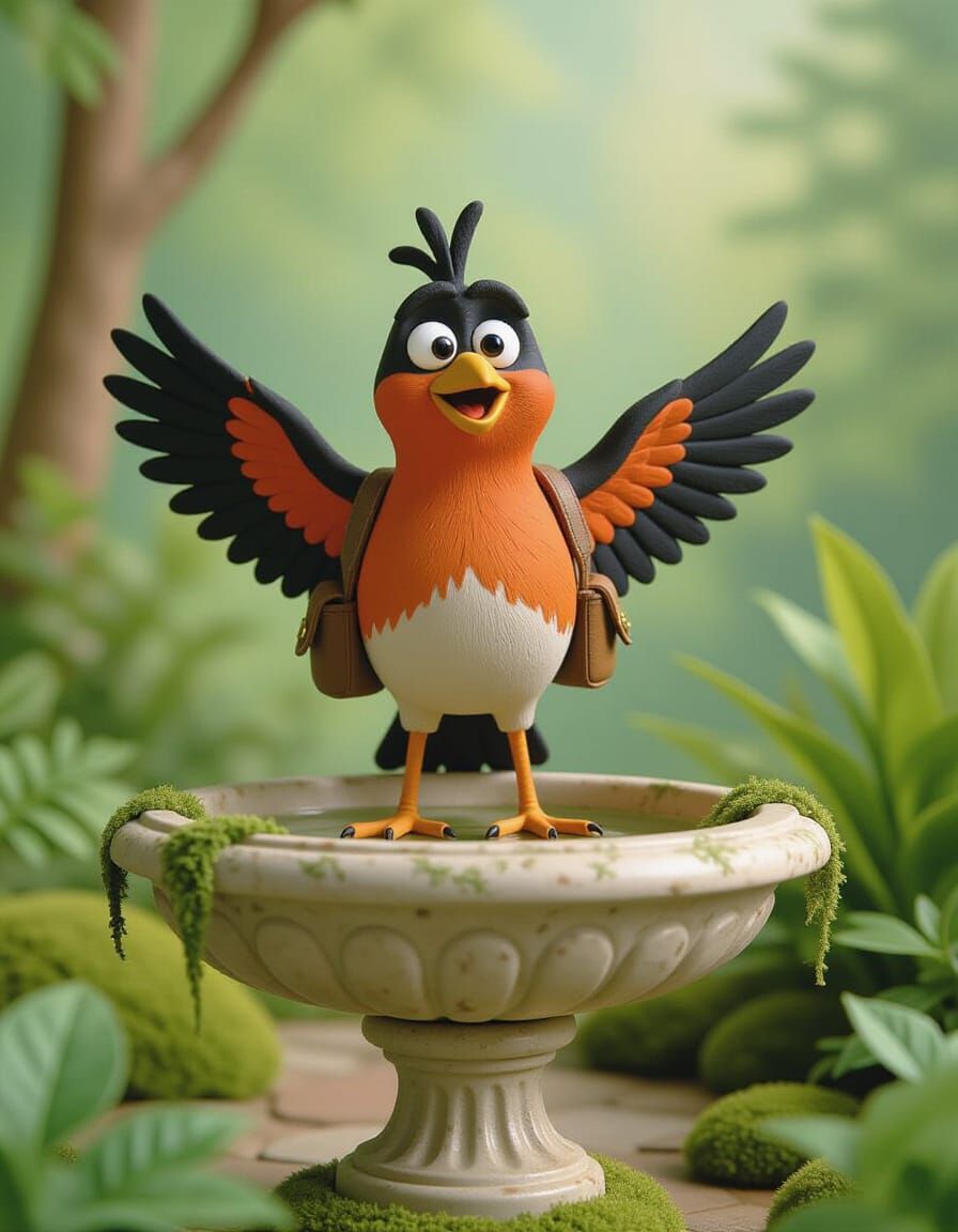 Robin with Backpack in Claymation Style