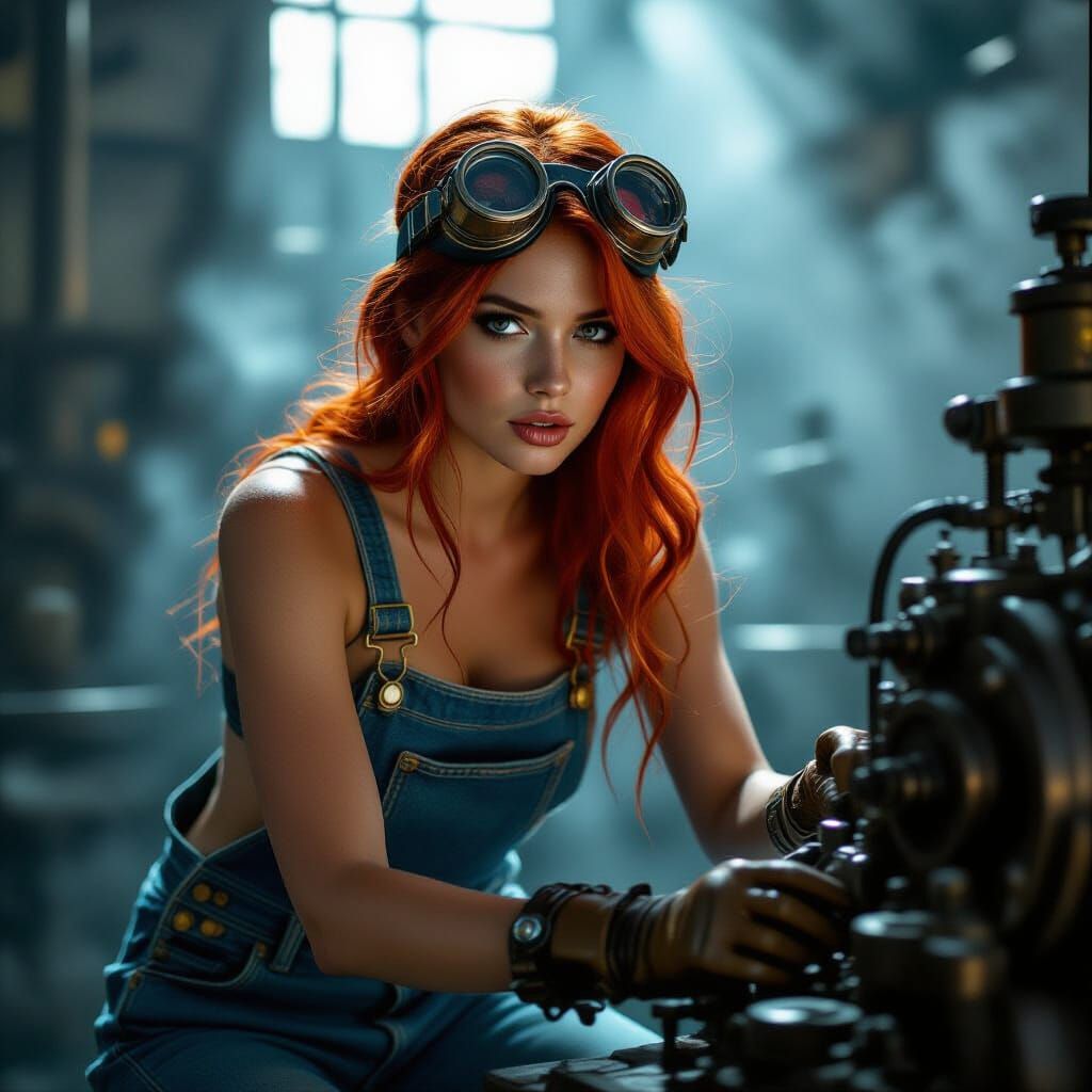 Redhead Woman Over Machinery in Misty Steampunk Factory