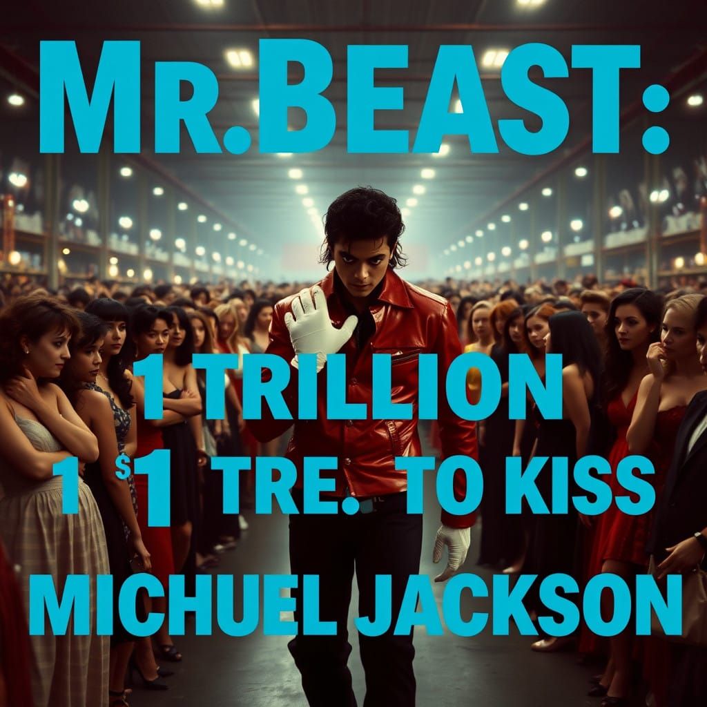 A YouTube thumnail for a Mrbeast video many women stand in line in a warehouse to kiss Michael Jackson blue words overla...