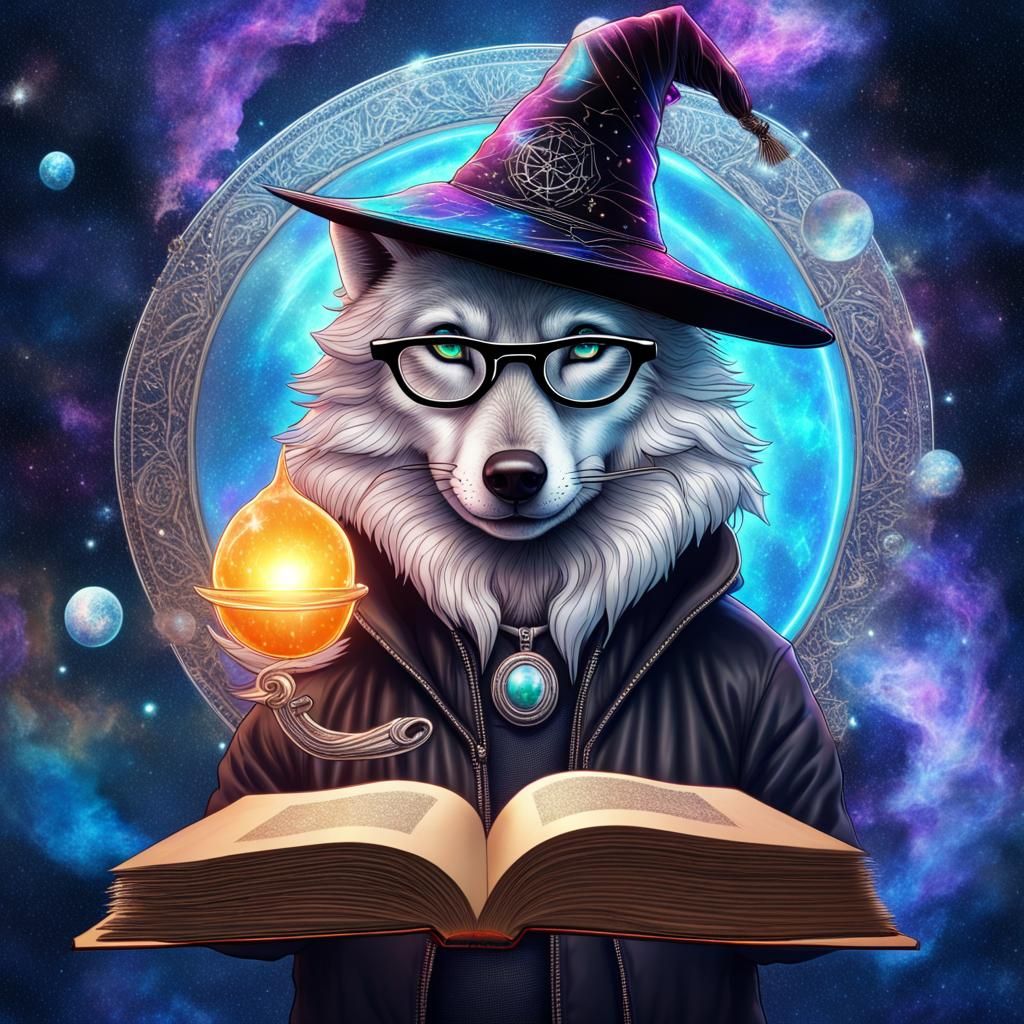 Whimsical Wolf Witch Holographic Illustration