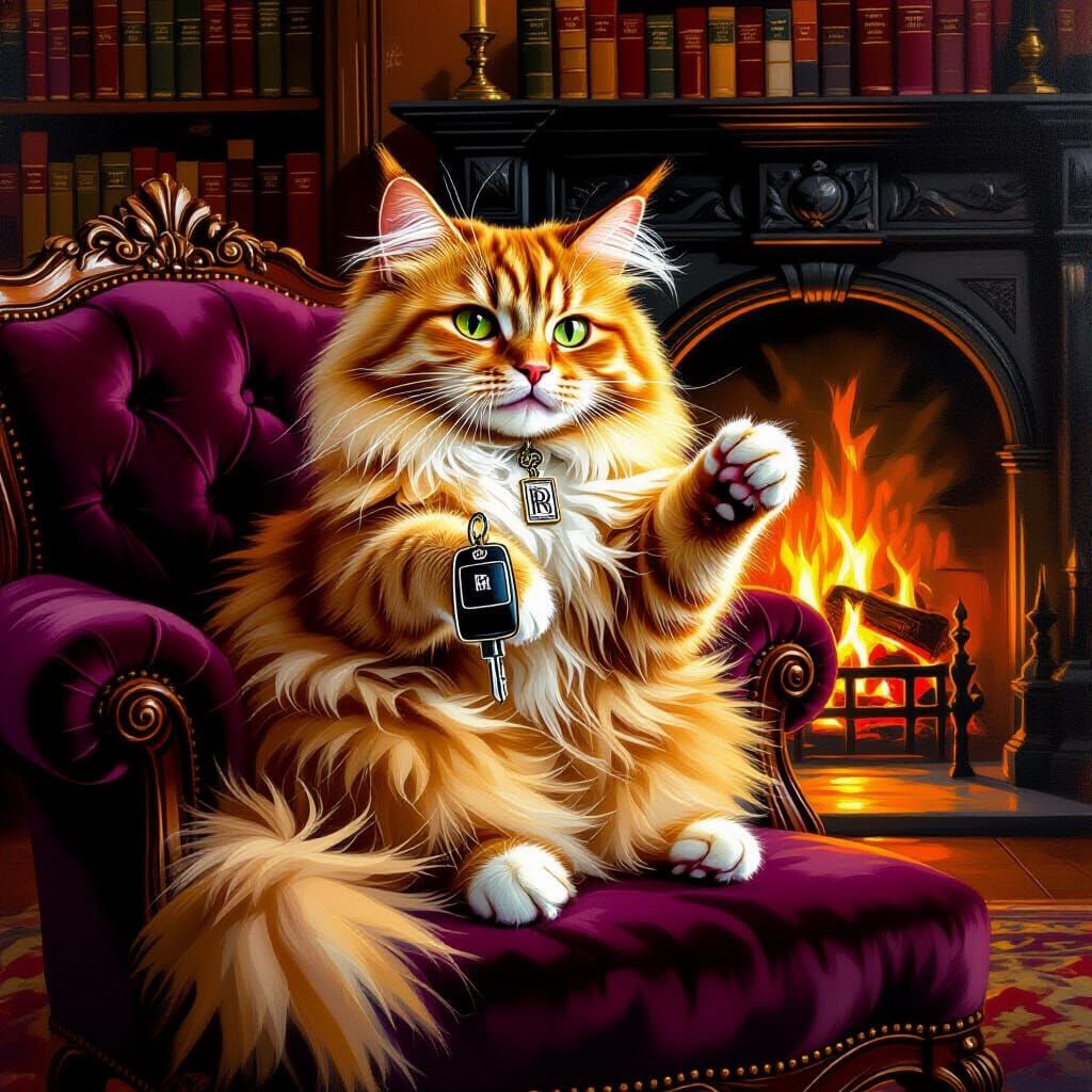 Regal Ginger Cat Holds Rolls-Royce Key in Study Painting